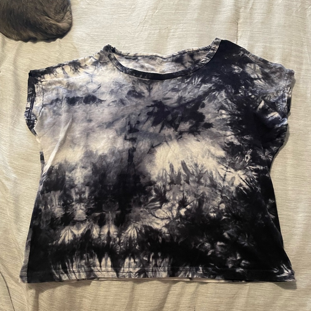Tie-Dye Short Sleeve Crop Top - Navy & White